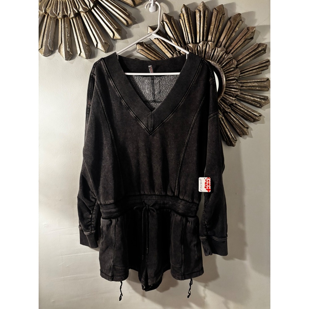 NWT $128 Free People Black Washed V Neck Drawstring Romper Jumpsuit Size L